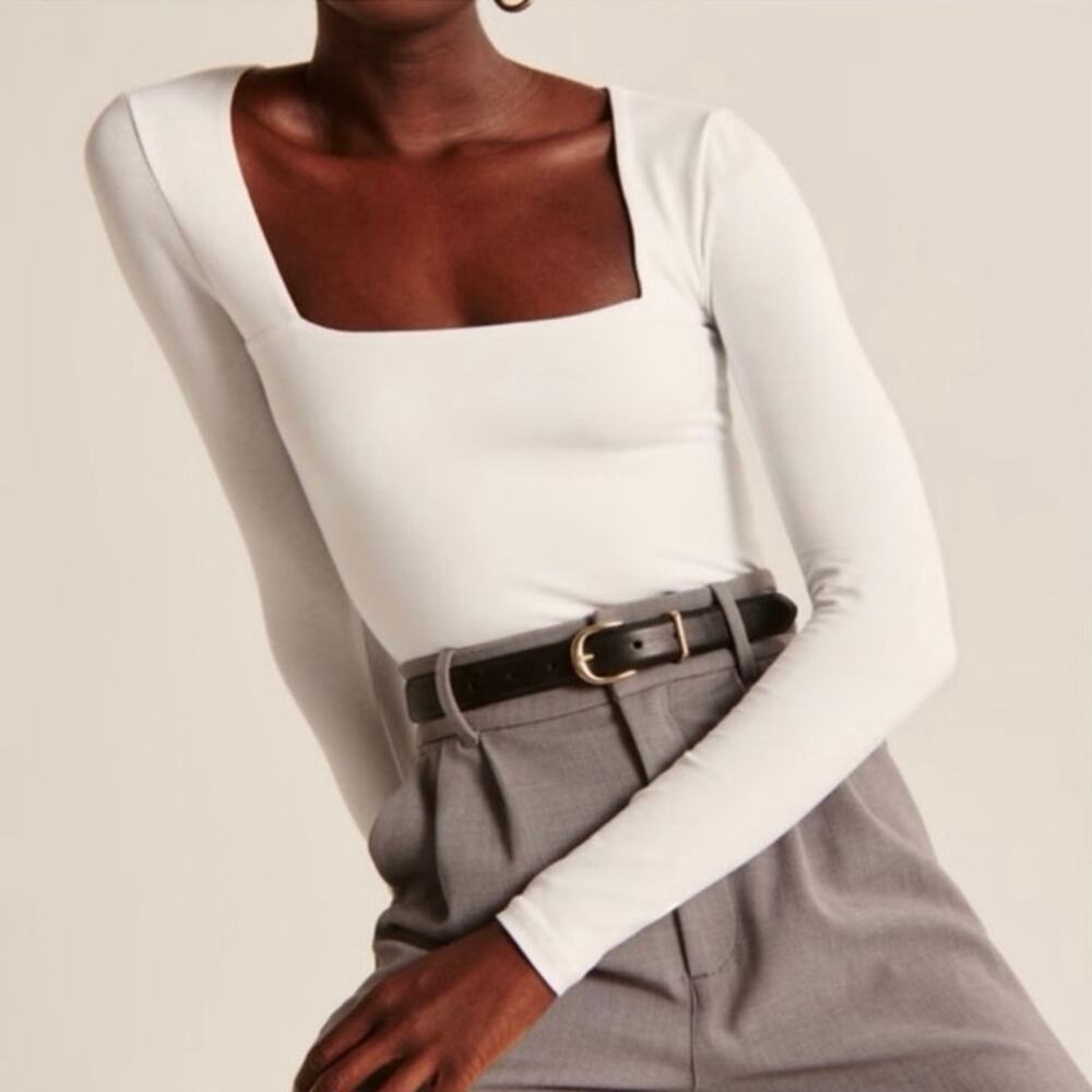 Abercrombie & Fitch Long Sleeve Cotton Seamless Squareneck Bodysuit White Size S